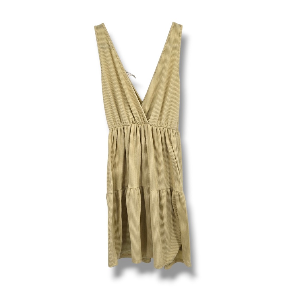 Caution To The Wind Tan Ribbed Tiered V-Neck Sleeveless Mini‎ Dress Medium